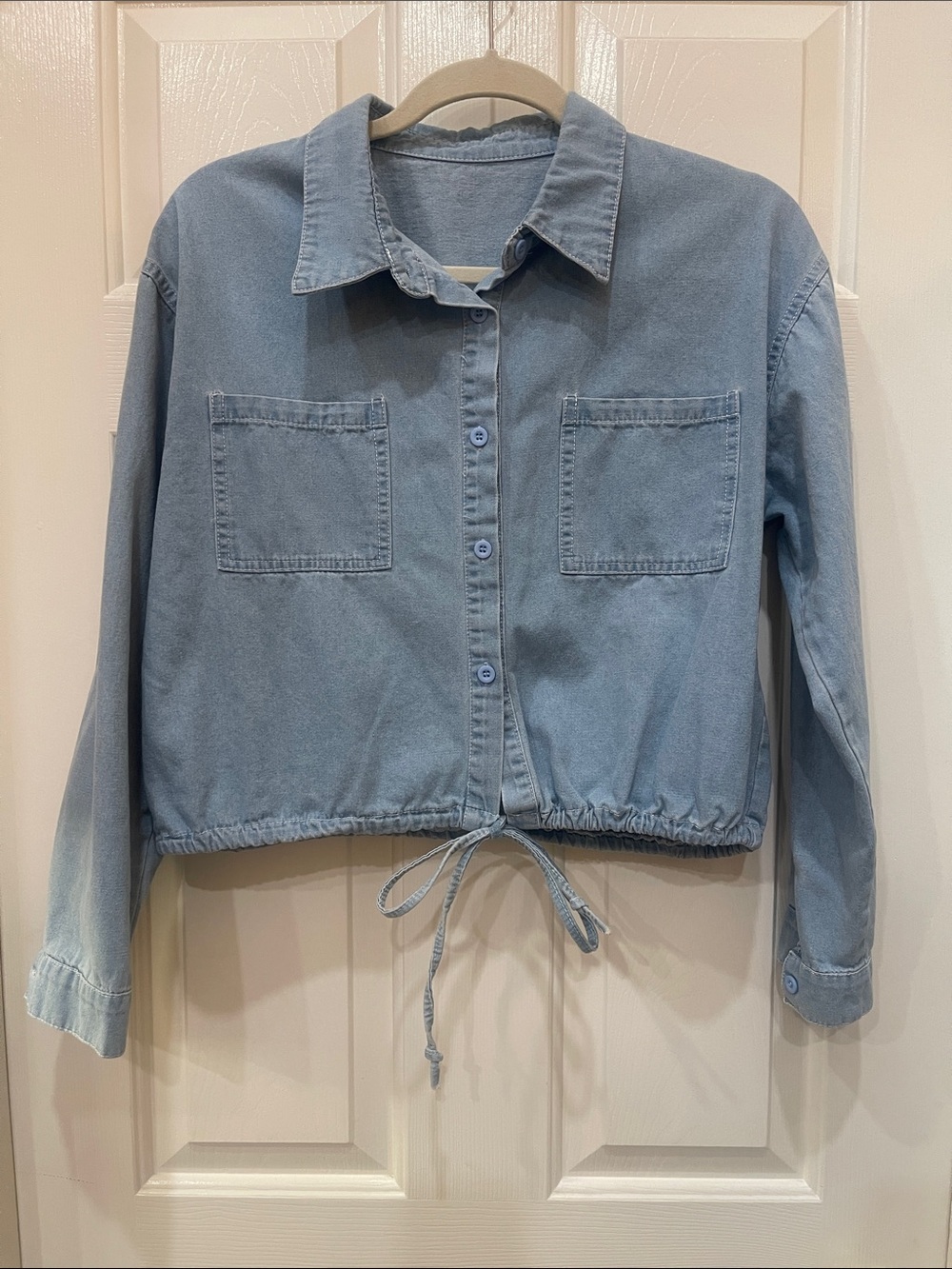 Light Wash Cropped Denim Shirt Jacket with Drawstring